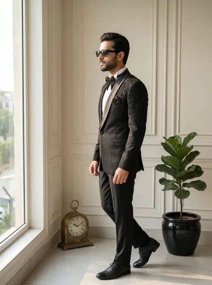 Luxury Handmade Designer Suit in Light Wool – Premium Embroidered Black Tuxedo(Pc-04) - Image 2
