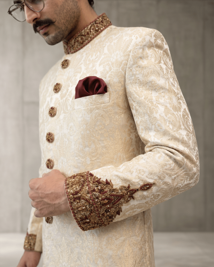 Luxury Jamawar Sherwani 2026 – Handmade Embroidery & Embroidered Buttons (S-28) - Image 5