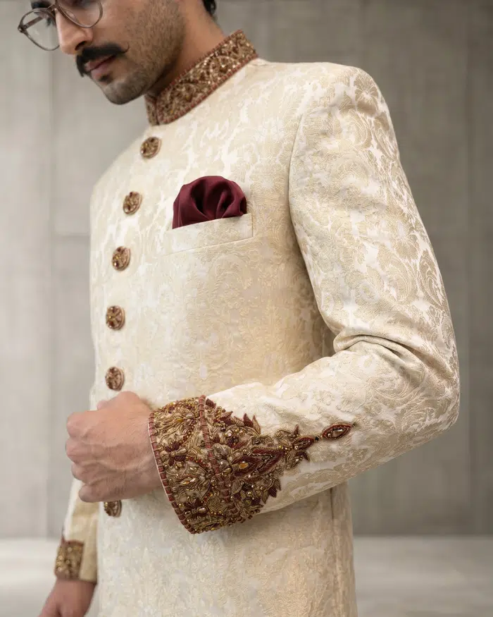 Luxury Jamawar Sherwani 2026 – Handmade Embroidery & Embroidered Buttons (S-28) - Image 5