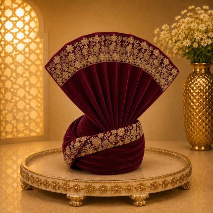 Make your wedding day unforgettable with this Luxury Maroon Velvet Groom Turban, designed for grooms who appreciate timeless elegance.