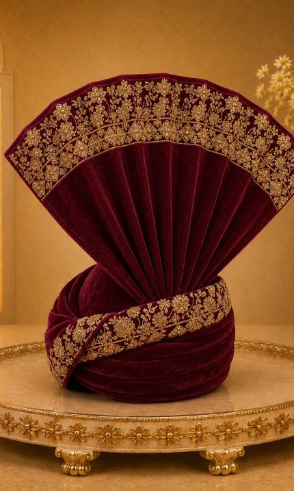 Make your wedding day unforgettable with this Luxury Maroon Velvet Groom Turban, designed for grooms who appreciate timeless elegance.