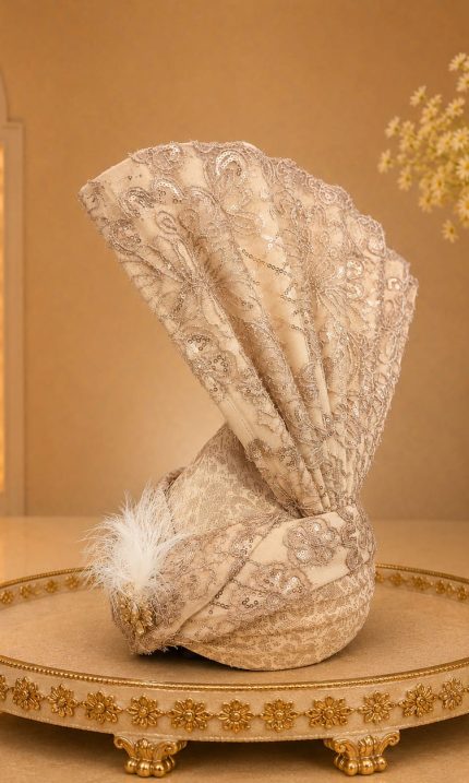 Make your wedding day unforgettable with this Luxury Champagne Embroidered Groom Turban, designed for grooms who appreciate elegance and royal tradition