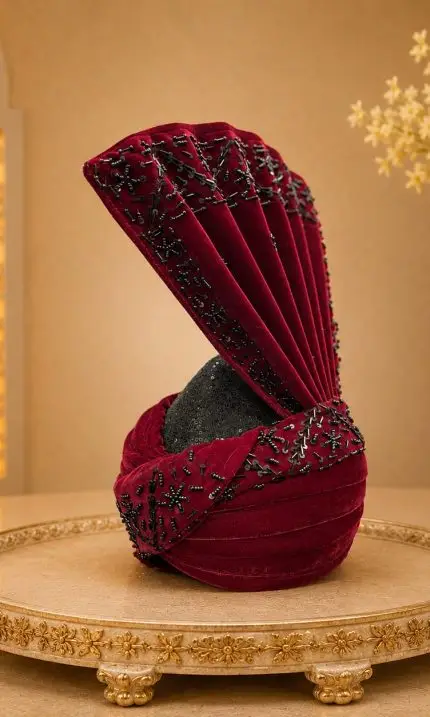Complete your royal wedding look with this Luxury Maroon Velvet Groom Turban, expertly handcrafted from premium velvet fabric and adorned with elegant black bead embellishments.