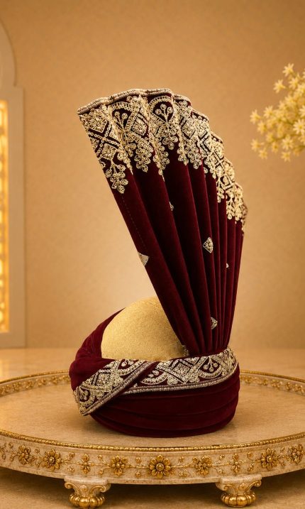 Make your wedding day unforgettable with this Luxury Maroon Velvet Groom Turban, crafted for grooms who appreciate elegance and tradition.