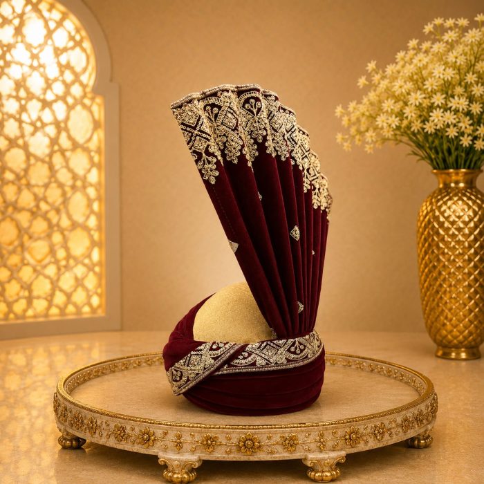 Make your wedding day unforgettable with this Luxury Maroon Velvet Groom Turban, crafted for grooms who appreciate elegance and tradition.