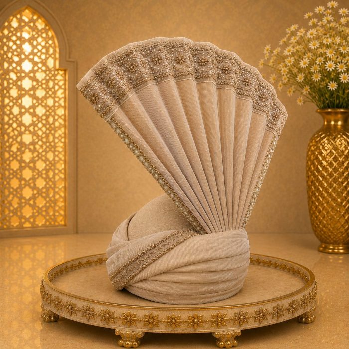 Make your wedding day unforgettable with this Luxury Ivory Groom Turban, designed for grooms who appreciate timeless elegance and royal craftsmanship.
