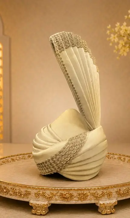 Elevate your wedding look with our Royal Ivory Groom Turban, designed for a sophisticated and majestic appearance. Crafted with premium fabric and detailed embroidery work