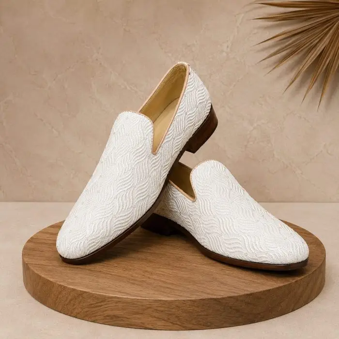 Luxury White Embroidered Loafers for Men Premium Wedding Footwear (F-02) - Image 1