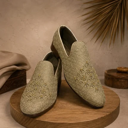 Elevate your wedding and festive look with our Luxury Golden Embroidered Loafers, designed with intricate traditional embroidery and a premium finish.