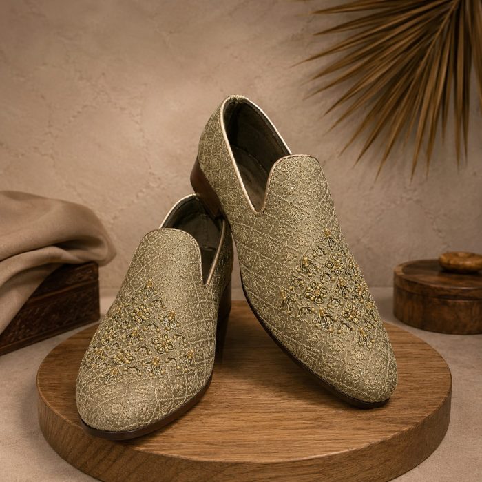 Elevate your wedding and festive look with our Luxury Golden Embroidered Loafers, designed with intricate traditional embroidery and a premium finish.