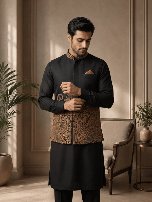 Men wearing a black tropical fabric waistcoat with intricate gold computer embroidery, styled over a black kurta for weddings and formal occasions.