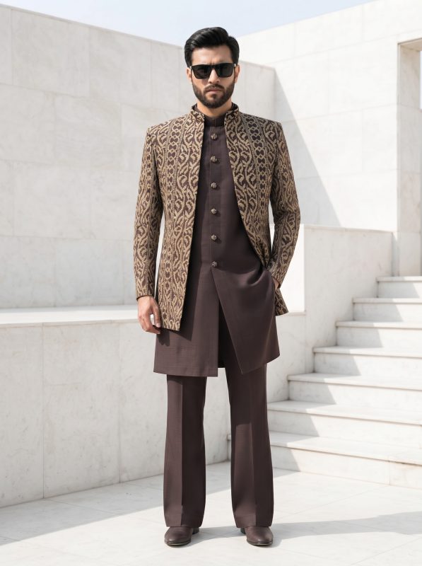 Make a lasting impression with our Luxury Brown Jacquard Short Sherwani Three Piece Suit. Featuring an intricately woven jacquard short sherwani