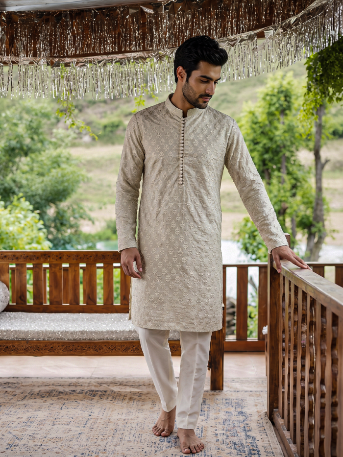 Ivory PK Silk Embroidered Kurta Pajama – Premium Digital Thread Work (KP-21) - Image 3