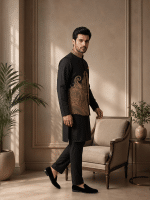 Computer Embroidered Tropical Fabric Waistcoat – 2026 Luxurious Black & Gold Design for Men(W-25) - Image 2