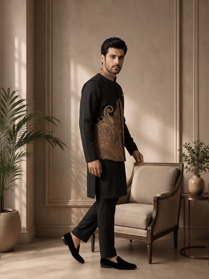 Computer Embroidered Tropical Fabric Waistcoat – 2026 Luxurious Black & Gold Design for Men(W-25) - Image 2