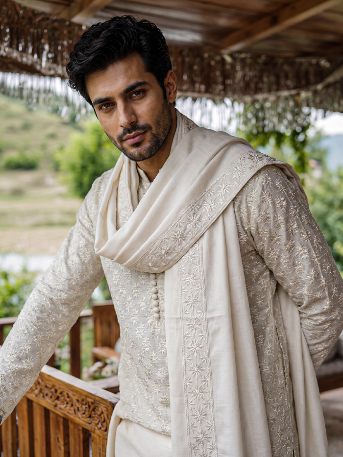 Ivory PK Silk Embroidered Kurta Pajama – Premium Digital Thread Work (KP-21) - Image 4