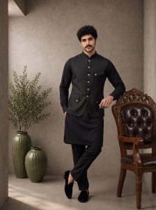 Home 8 Black Tropical Fabric Waistcoat for Men with Textured Design and Mandarin Collar