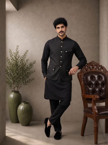 Black Tropical Fabric Waistcoat for Men with Textured Design and Mandarin Collar