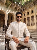 Off-White Handmade Embroidered Short Sherwani – 2026 Luxury Wedding Edition(S-33) - Image 5
