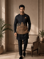 Computer Embroidered Tropical Fabric Waistcoat – 2026 Luxurious Black & Gold Design for Men(W-25) - Image 4