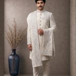 Make a timeless statement on your special day with this Premium Ivory Velvet Sherwani, crafted for modern grooms who appreciate elegance and fine craftsmanship