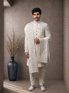 Home 2 Make a timeless statement on your special day with this Premium Ivory Velvet Sherwani, crafted for modern grooms who appreciate elegance and fine craftsmanship