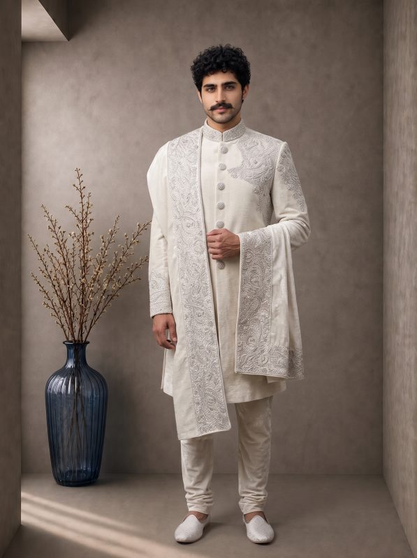 Make a timeless statement on your special day with this Premium Ivory Velvet Sherwani, crafted for modern grooms who appreciate elegance and fine craftsmanship