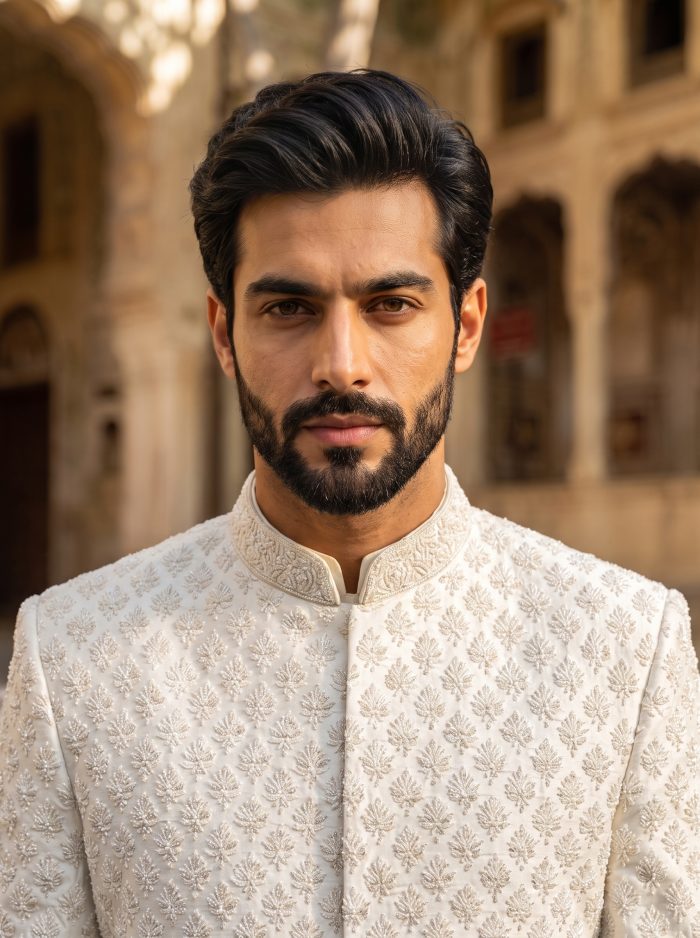 Off-White Handmade Embroidered Short Sherwani – 2026 Luxury Wedding Edition(S-33) - Image 6