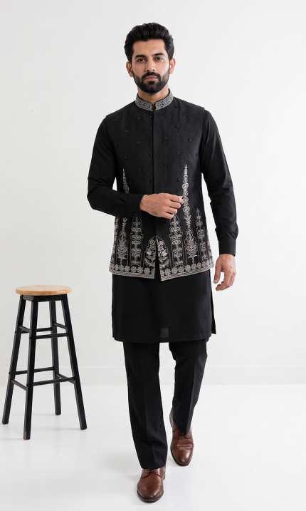 Elevate your traditional look with this premium Black Jamawar Waistcoat, expertly crafted from high-quality Jamawar fabric.