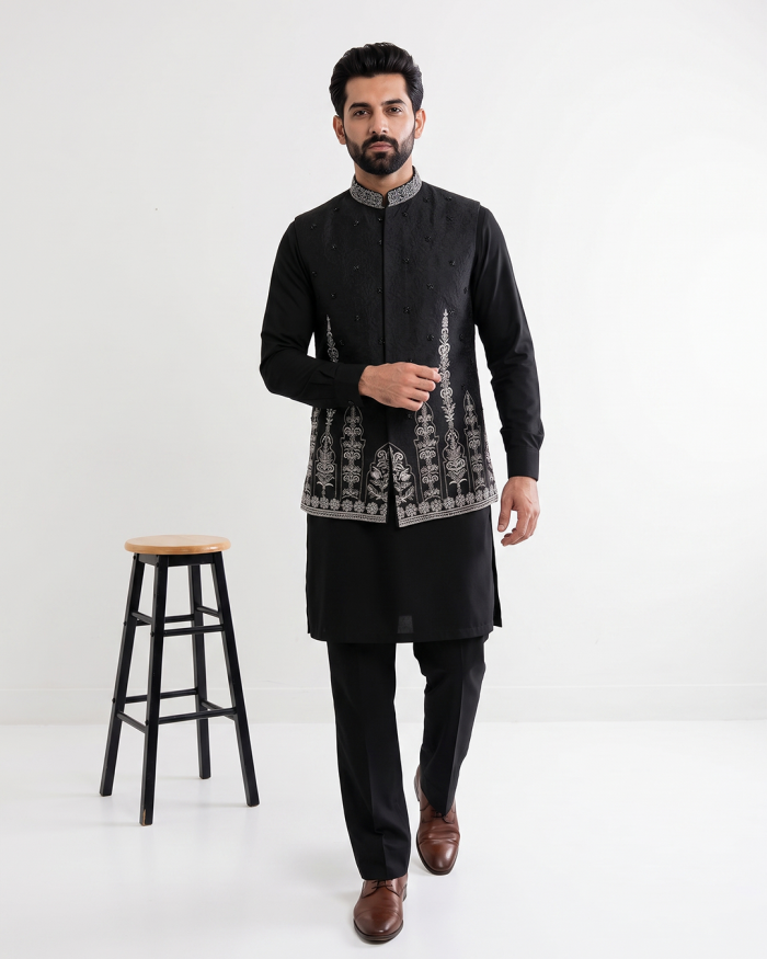 Luxury Black Jamawar Handmade Embroidered Waistcoat for Men Elevate your traditional look with this premium Black Jamawar Waistcoat, expertly crafted from high-quality Jamawar fabric.
