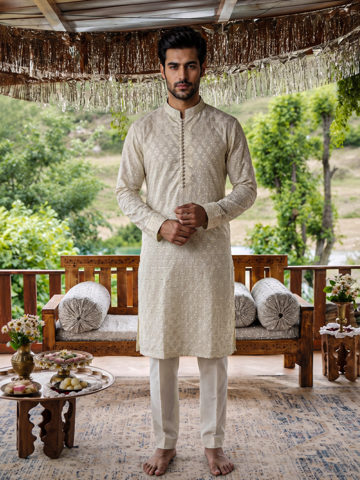 Ivory PK Silk Embroidered Kurta Pajama – Premium Digital Thread Work (KP-21) - Image 5