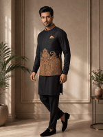 Computer Embroidered Tropical Fabric Waistcoat – 2026 Luxurious Black & Gold Design for Men(W-25) - Image 5