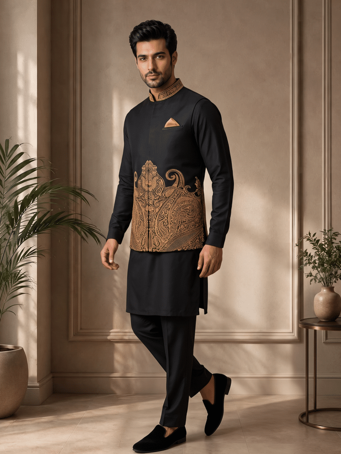 Computer Embroidered Tropical Fabric Waistcoat – 2026 Luxurious Black & Gold Design for Men(W-25) - Image 5