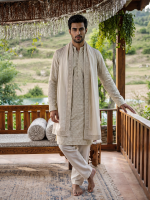 Men’s ivory PK silk kurta pajama with elegant digital thread embroidery for weddings and festive occasions.
