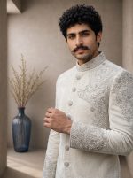 Luxury Premium Ivory Velvet Sherwani with Handmade Embroidery(S-31) - Image 4