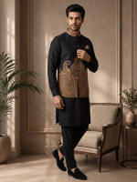 Computer Embroidered Tropical Fabric Waistcoat – 2026 Luxurious Black & Gold Design for Men(W-25) - Image 6
