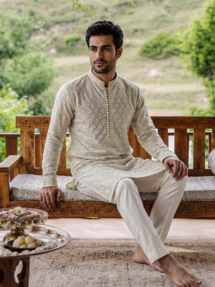 Ivory PK Silk Embroidered Kurta Pajama – Premium Digital Thread Work (KP-21) - Image 6
