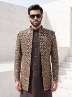 Short Sherwani Three Piece Luxury Brown Jacquard Wedding Suit for Men (S-32) - Image 2