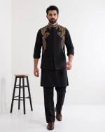 Black Tropical Fabric Handmade Embroidered Waistcoat Premium Luxury Collection