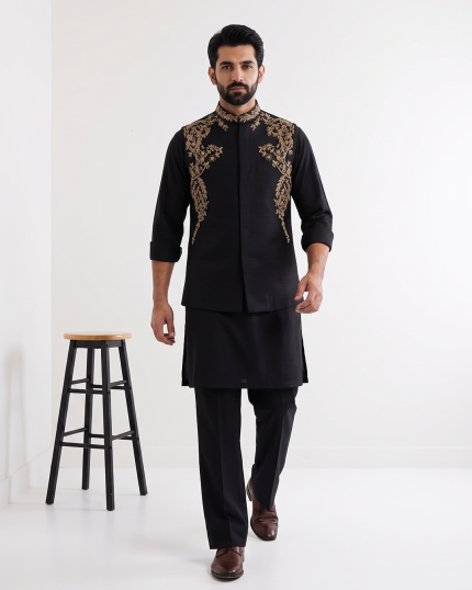Black Tropical Fabric Handmade Embroidered Waistcoat Premium Luxury Collection