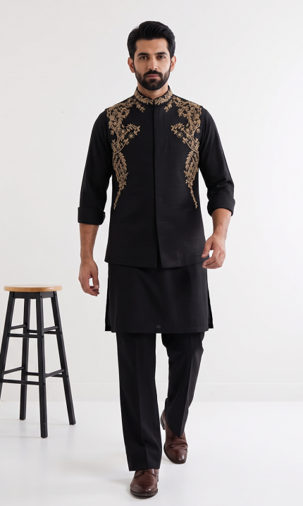 Black Tropical Fabric Handmade Embroidered Waistcoat Premium Luxury Collection