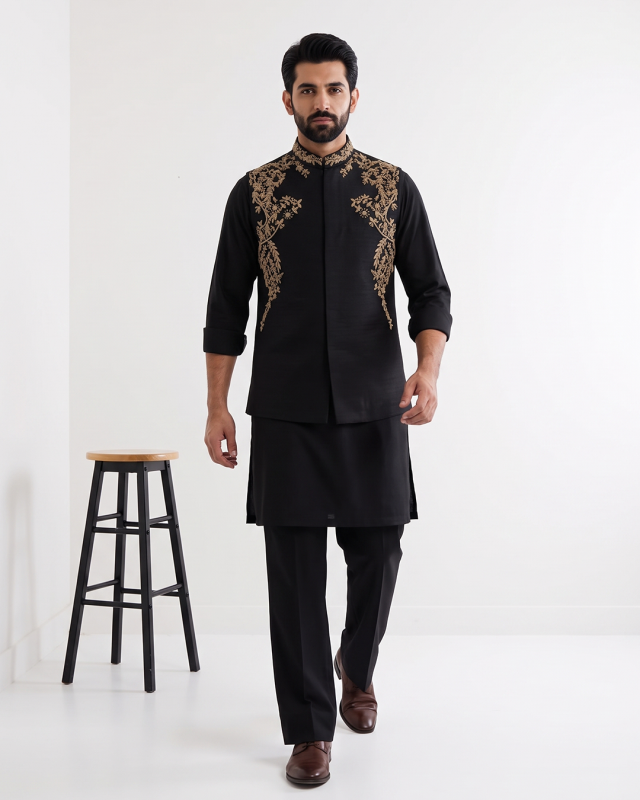 Black Tropical Fabric Handmade Embroidered Waistcoat Premium Luxury Collection