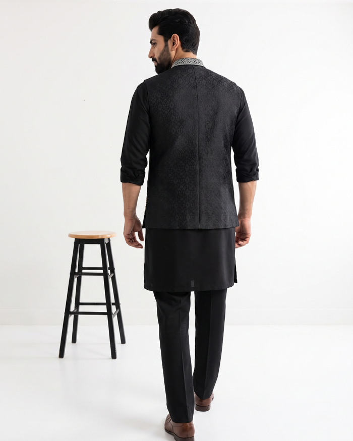 Black Jamawar Waistcoat – Luxury Handmade Embroidered Men's Waistcoat(W-23) - Image 4