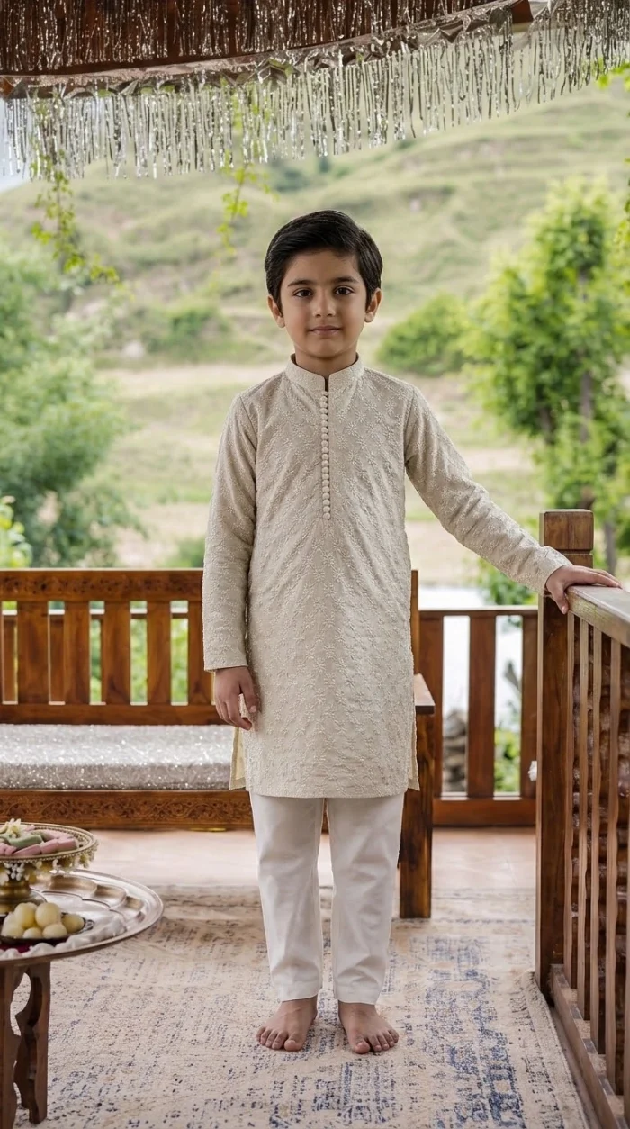 Boys Ivory Embroidered Kurta Pajama Stunning Premium Korean Silk Outfit - Image 3