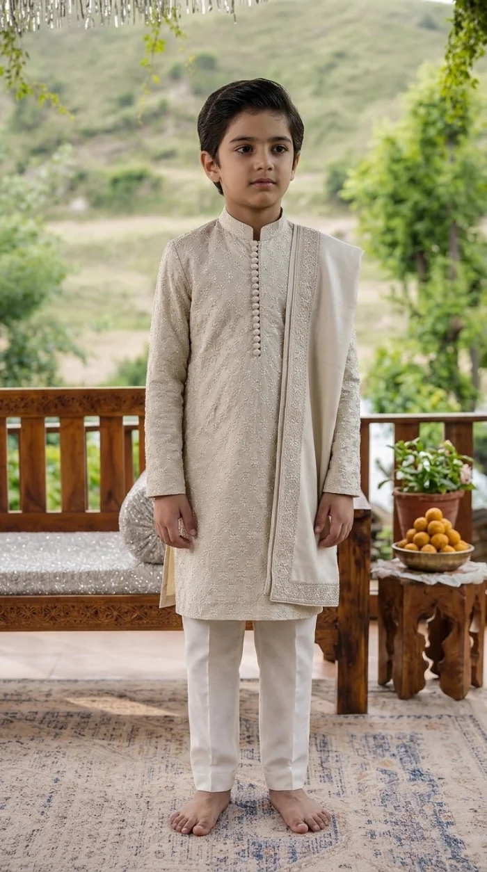 Boy wearing an elegant ivory embroidered Korean silk kurta pajama on a wooden terrace.