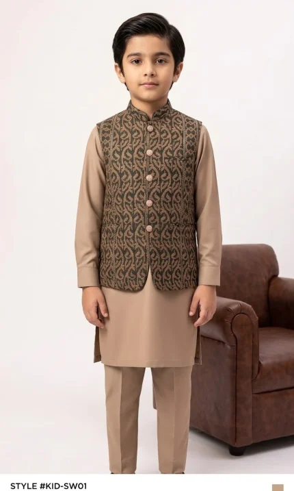 Boys wearing a brown embroidered waistcoat with beige Wash & Wear kurta pajama for weddings and festive occasions.