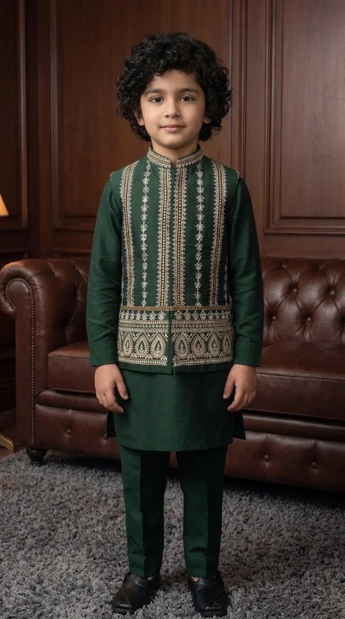 Boys Green Embroidered Waistcoat Stunning 2026 Bottle Green Silk Design - Image 2