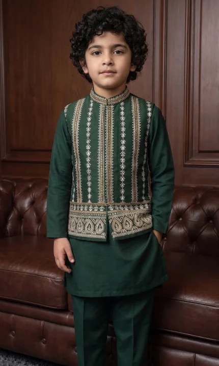 Boys Green Embroidered Waistcoat in bottle green silk with single-hand machine embroidery