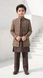 Boys Brown Embroidered Prince Coat three-piece outfit with long waistcoat, short coat and matching trousers