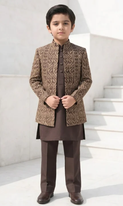 Boys Brown Embroidered Prince Coat three-piece outfit with long waistcoat, short coat and matching trousers